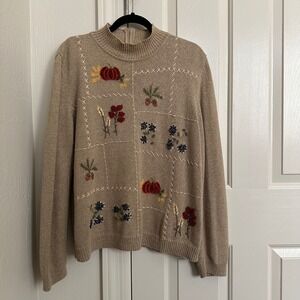 Vintage Alfred Dunner Vintage Fall Harvest Embroidered Mock Neck Sweater - Tan L